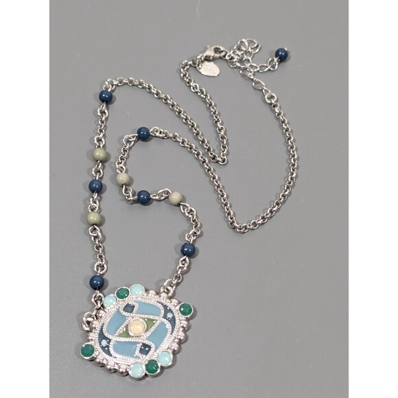 Lia Sophia Stained Glass Green Enamel Silver Tone Necklace Boho Tribal 22 in - Picture 3 of 9